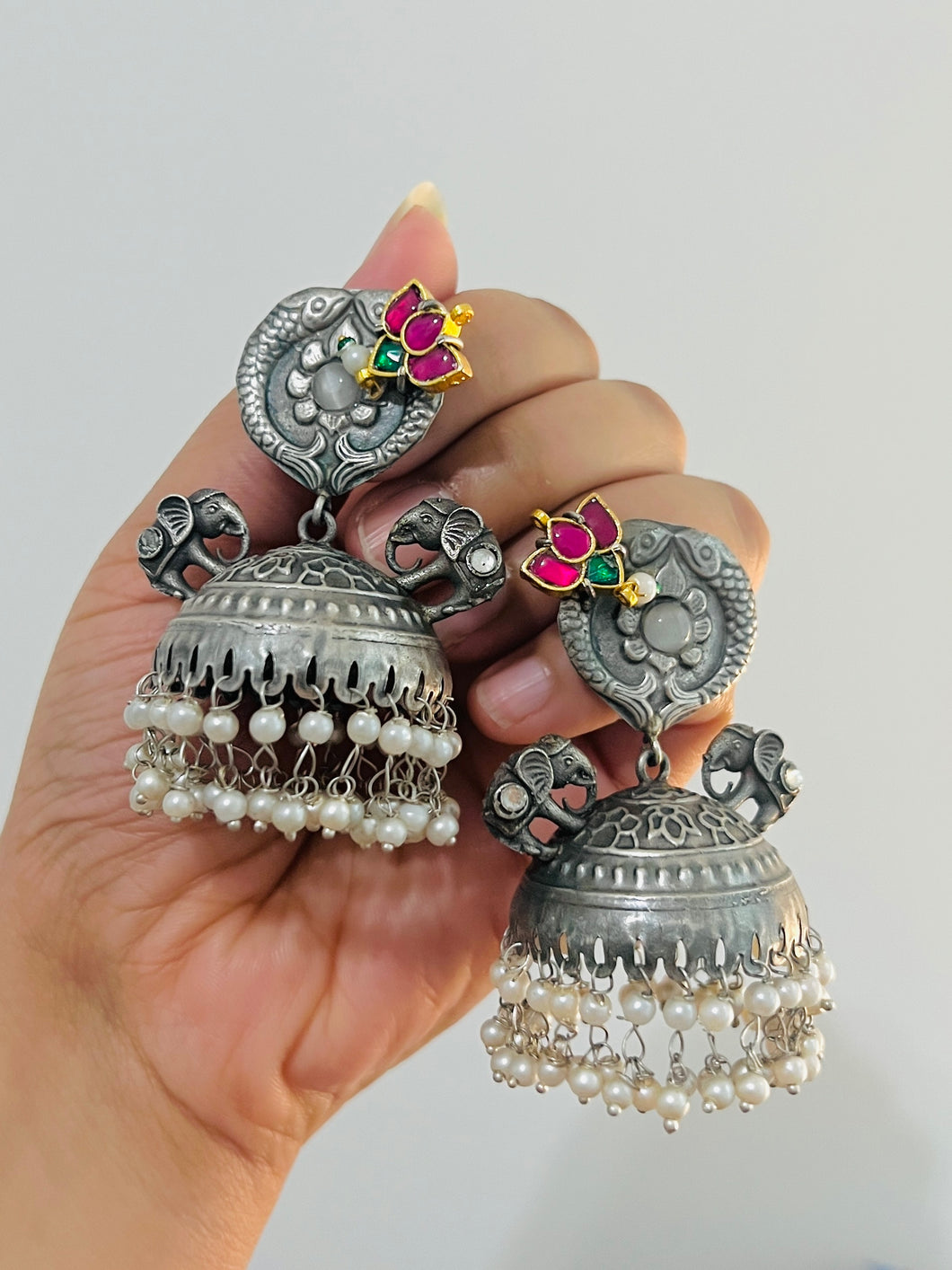 Cute elephant  pachi kundan German silver jhumka earrings