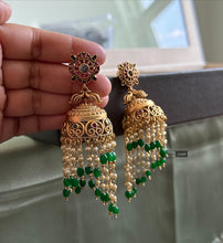 Load image into Gallery viewer, Kemp Stone Premium Quality Hanging Drop Temple jhumka  earrings
