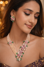 Load image into Gallery viewer, Solitaire Floral Rose Gold MM pink Mint Pearl Multicolor Long Solitaire Premium Necklace set
