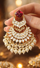 Load image into Gallery viewer, Tayani Kundan gold plated Carved Ruby Dangling chandbali earrings
