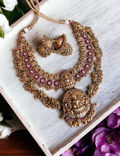 Load image into Gallery viewer, Real Kemp Stone Peacock Lakshmi ji Layered Necklace set templejewelry
