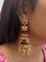 Load image into Gallery viewer, Lakshmi ji Chatri Big hydro stone beads pearl jhumka earrings temple jewelry
