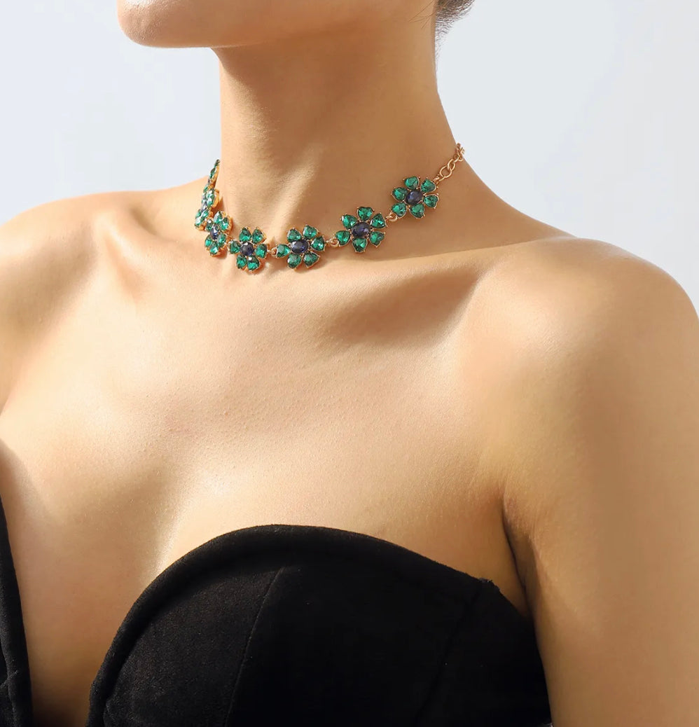Designer Rhinestone Flower Statement Necklace  IDW