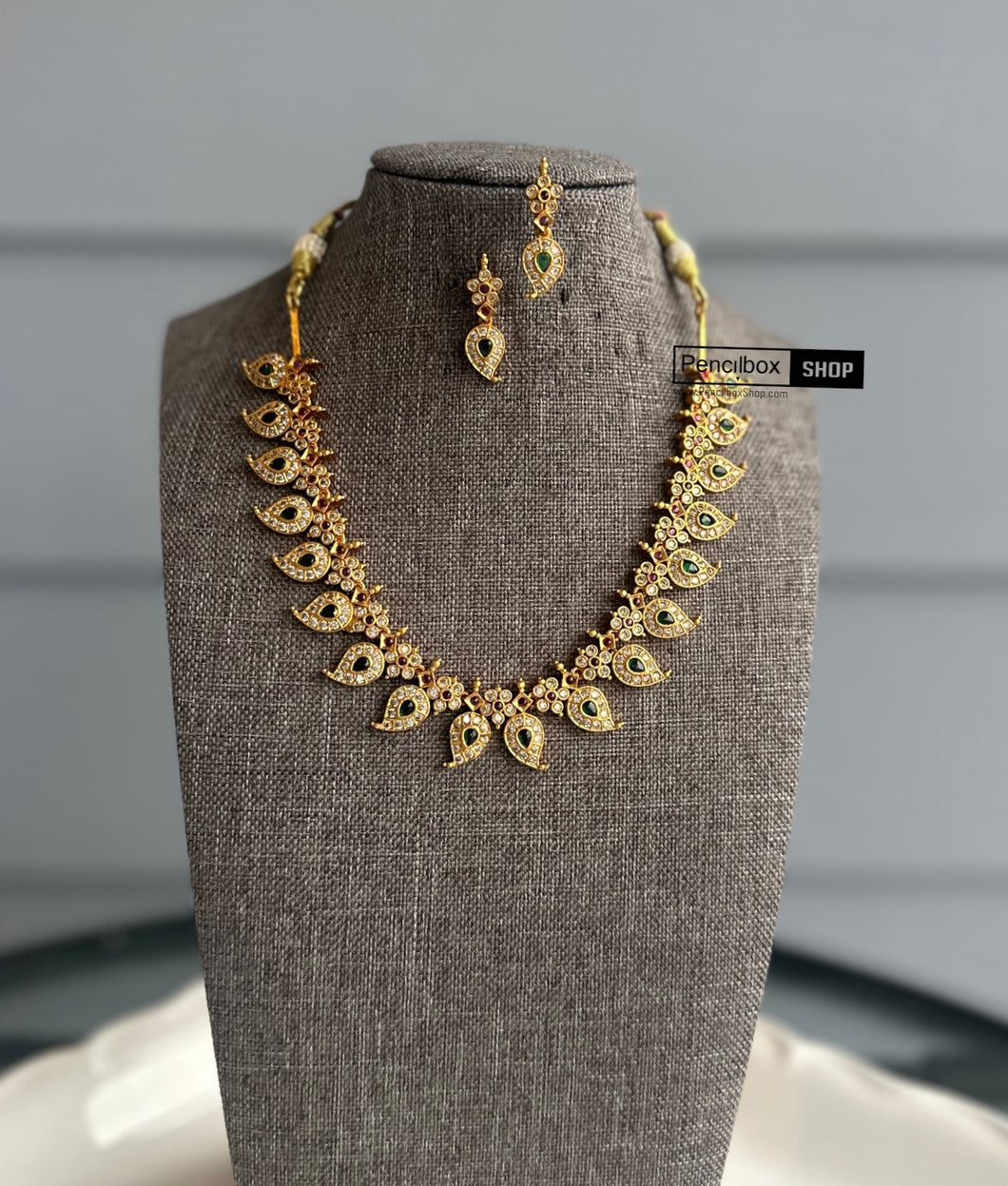Multicolor Mango shape kemp stone pearl Necklace set  temple jewelry