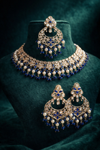 Load image into Gallery viewer, Aarohi Royal Blue  Golden Polki Necklace Set with maangtikka
