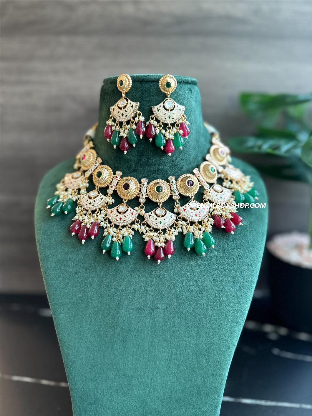 22k gold plated Statement Ruby  Green Tayani Meenakari Necklace set