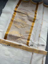 Load image into Gallery viewer, Onam Special Ivory Golden Big motif Cotton Kerala saree
