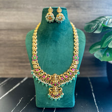 Load image into Gallery viewer, Lakshmi ji Pachi Kundan Double pendant long haram necklace set
