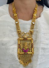 Load image into Gallery viewer, Radha krishna Pearl Pachi Kundan long Statement Designer Premium Necklace set
