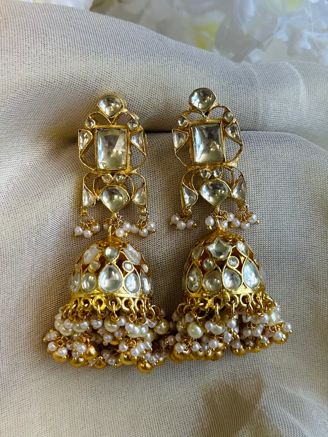 Pachi Kundan Brass White layered Jhumka Designer Earrings