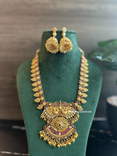 Load image into Gallery viewer, Pearl Ruby Kundan Peacock kemp stone temple Necklace set
