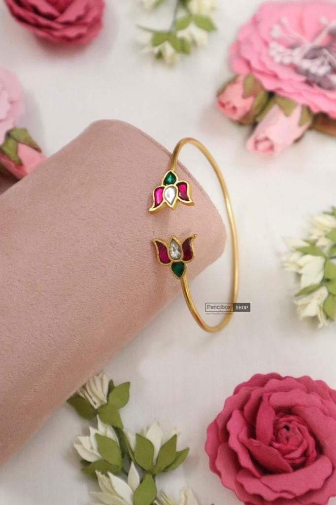 Pachi kundan lotus flower adjustable  Cuff bracelet