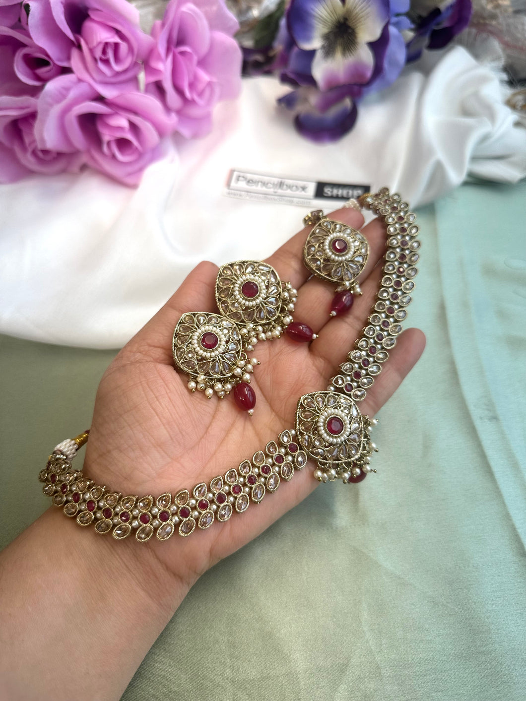 Chahat Ruby Kundan Polki Necklace Set with Maangtikka