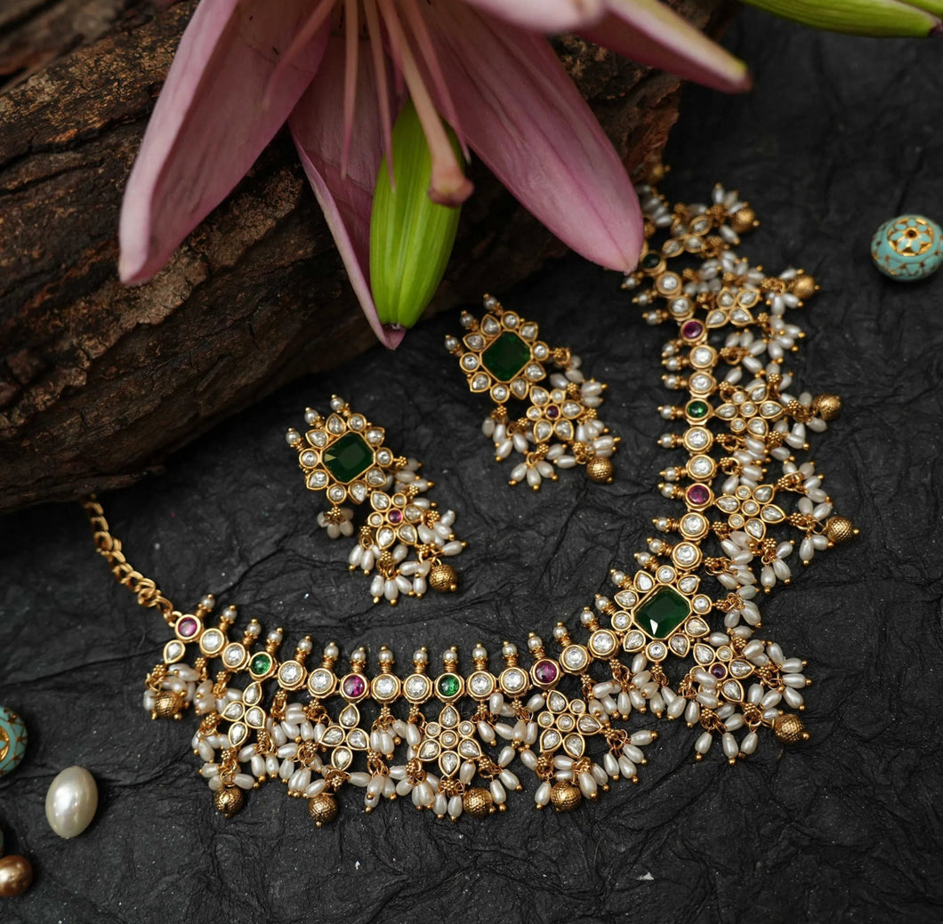Premium Kemp Stone Rice Pearl Temple Guttapusalu  Ethnic Necklace set