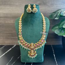 Load image into Gallery viewer, Lakshmi ji Pachi Kundan Double pendant long haram necklace set
