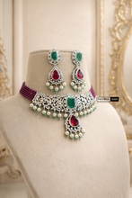 Load image into Gallery viewer, Ruby Green Celebrity American Diamond Choker Necklace set
