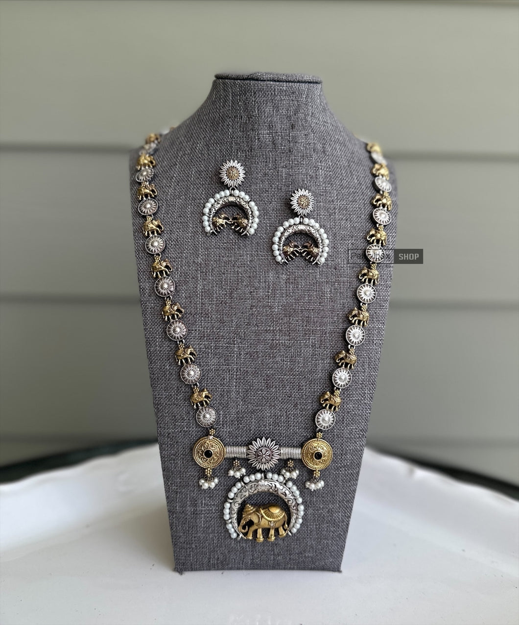 German Silver Long elephant  Dual tone Necklace  set