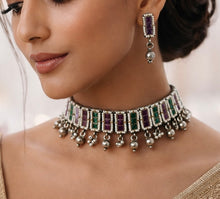 Load image into Gallery viewer, Afghani Ruby green German Silver Ghungroo Choker  Necklace set
