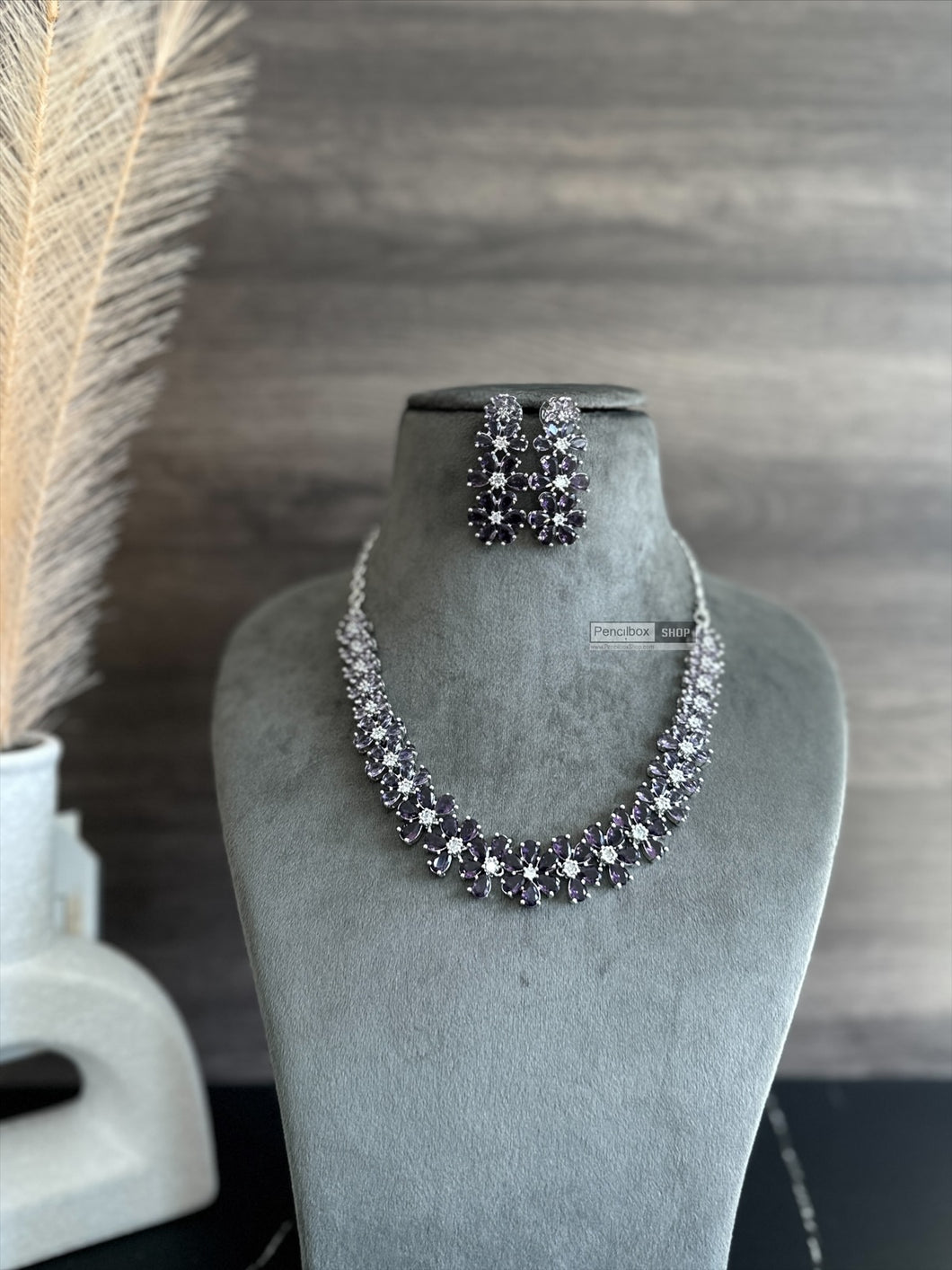 Purple Simple Silver finish American Diamond Necklace set