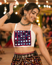 Load image into Gallery viewer, 34 size White Blue pink pinkBig Mirror Navratri Cotton Blouse with margin
