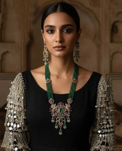 Load image into Gallery viewer, Solitaire Long Green Peacock Multicolor MM Necklace set

