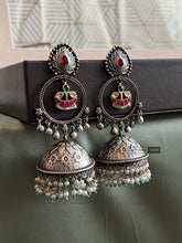 Load image into Gallery viewer, Long Dangling German Silver Pachi Kundan jhumka earrings
