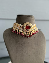 Load image into Gallery viewer, Exclusive Red White Doublet Pearl tayani 22k gold plated choker necklace set
