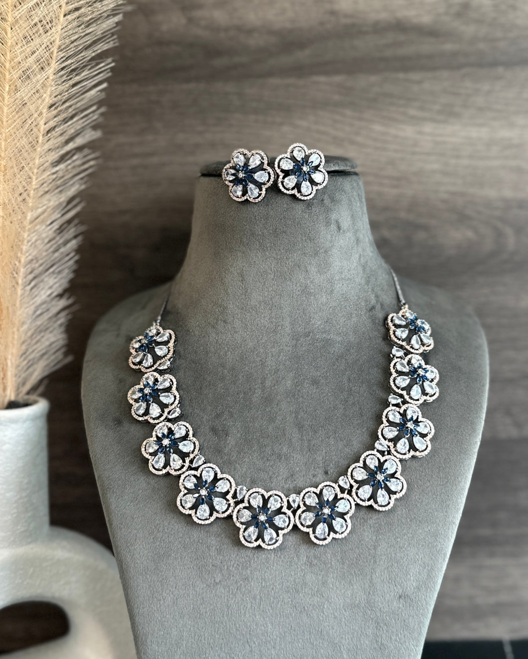Anaya Flower Victorian Royal Blue American Diamond Necklace set