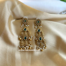 Load image into Gallery viewer, Three stone Temple Pearl Kundan Dangling temple earrings
