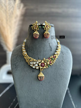 Load image into Gallery viewer, Dainty Silver Foiled Kundan Multicolor Real Kemp Stone Cz Stone Flower  necklace set
