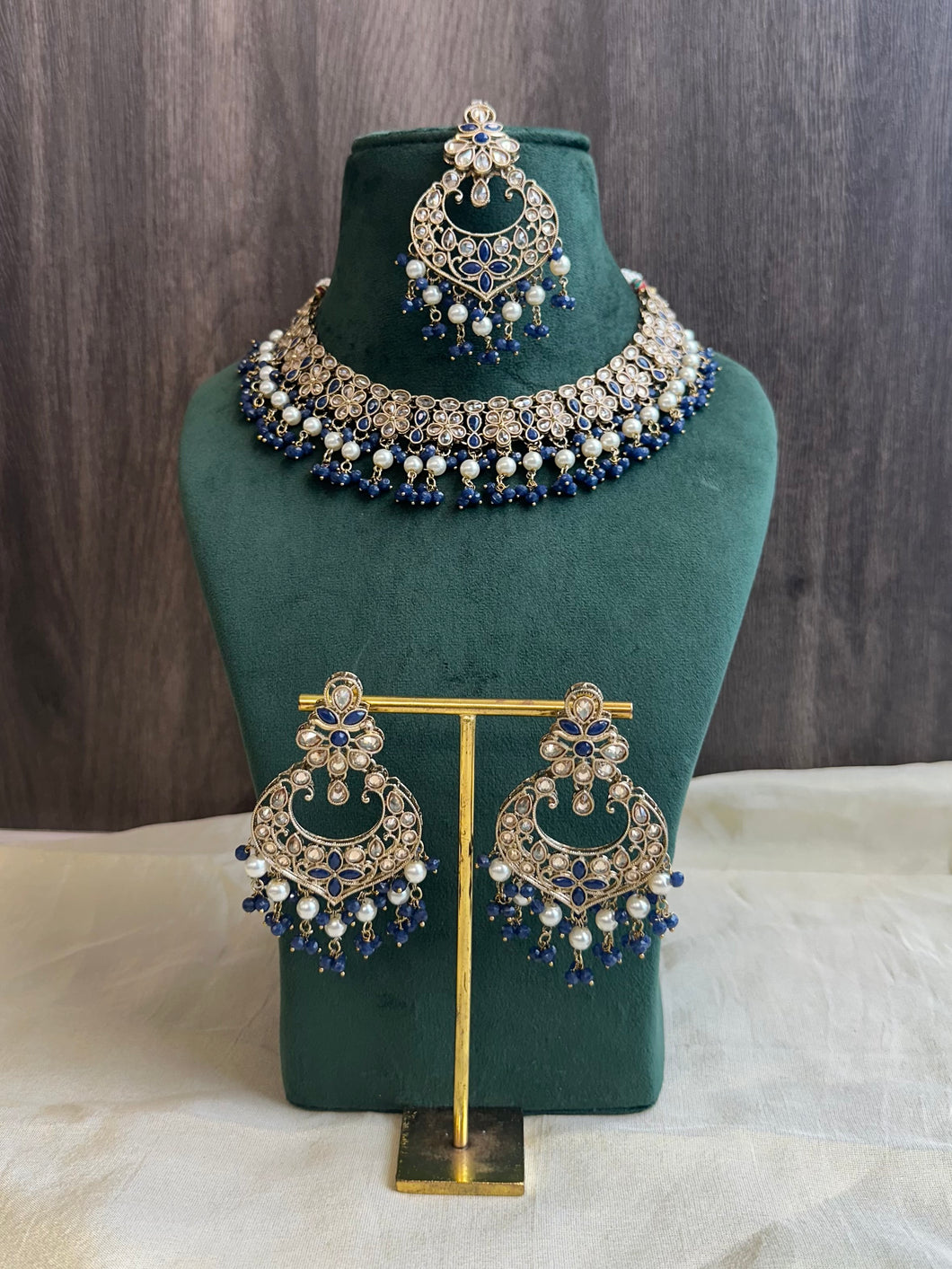 Aarohi Royal Blue  Golden Polki Necklace Set with maangtikka