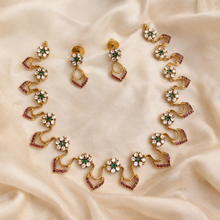 Load image into Gallery viewer, Cz Hasli Floral Ruby Green Dainty Premium Necklace set
