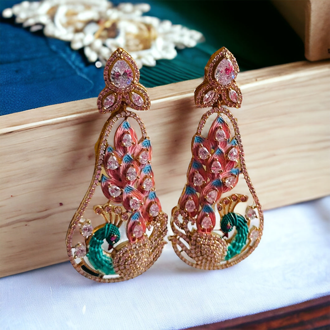 American diamond Peacock Peach Multicolor Shaded Jhumka Cz Earrings
