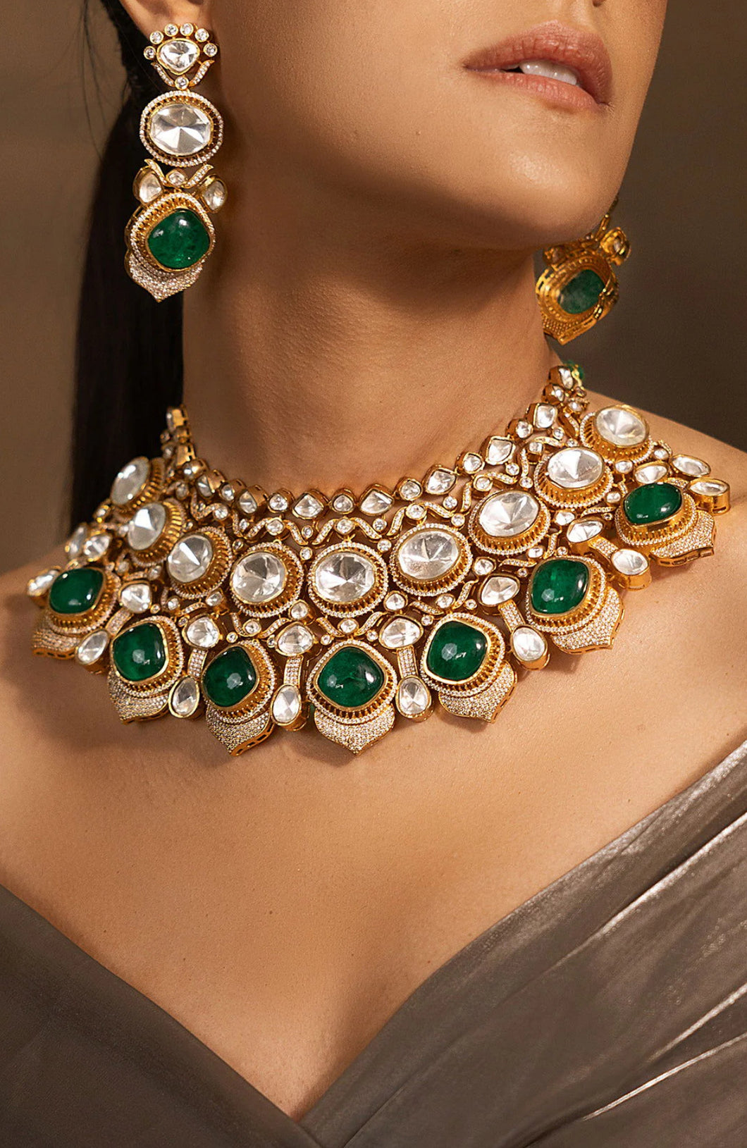 Grand Tayani Gold plated Green Premium Necklace set with maangtikka