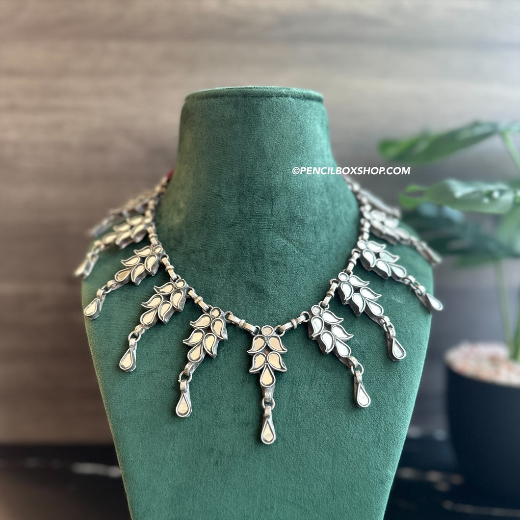 Afghani Mirror Heavy Navratri White Necklace