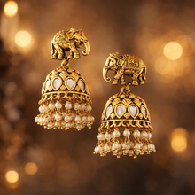 Load image into Gallery viewer, Elephant Golden Kundan Pearl drop Indian ethnic earrings
