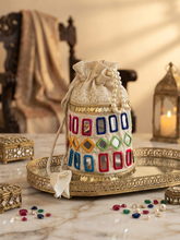 Load image into Gallery viewer, Handmade Mirror Multicolor Cotton pearl potli bag
