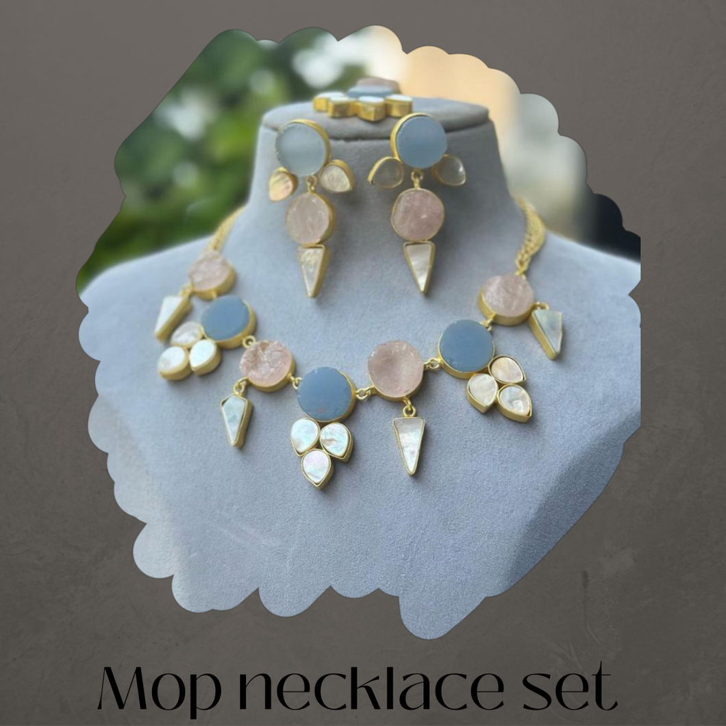 Contemporary Designer Natural White Mop Blue pink Stone Necklace set