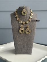 Load image into Gallery viewer, Mint pink Golden polki Single line Neckline Necklace set with jhumkas and maangtikka
