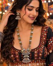Load image into Gallery viewer, Long Dual tone German silver Pachi kundan Peacock Long Necklace set

