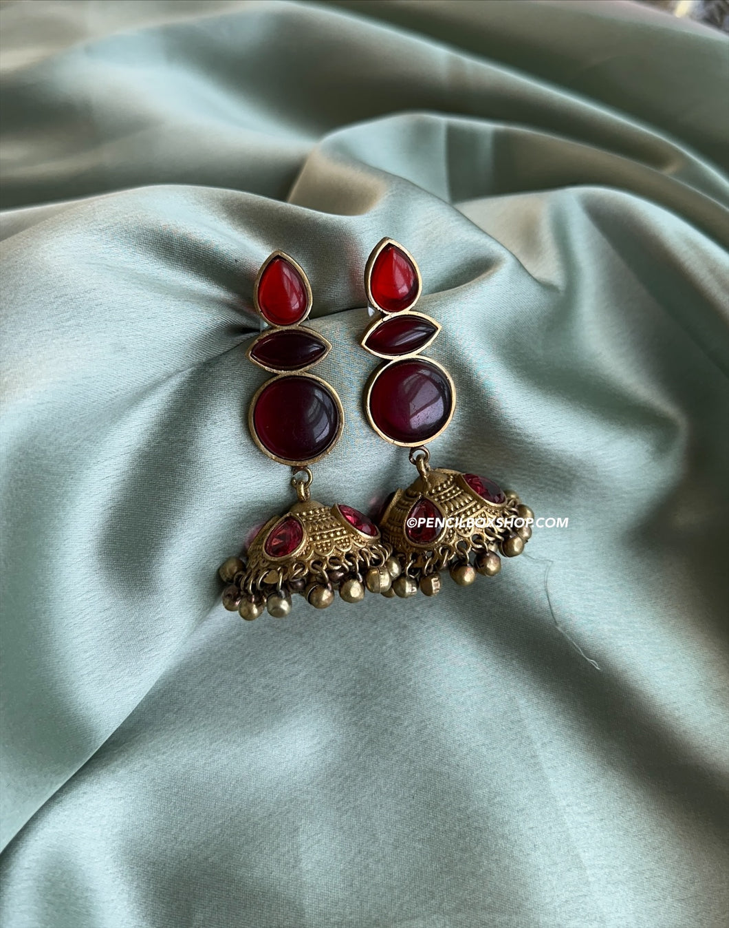 Ruby German silver Ghungroo Stone antique Jhumka earrings