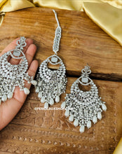 Load image into Gallery viewer, Silver Mirror Big Pearl Long Earrings with Maangtikka
