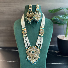 Load image into Gallery viewer, Teal Golden Polki Long Necklace Set
