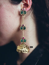 Load image into Gallery viewer, Three layer Kemp Stone  Hanging Drop Temple jhumka earrings
