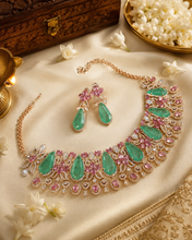 Load image into Gallery viewer, Designer MM Colored Polki Stone American Diamond Cz Floral Necklace set
