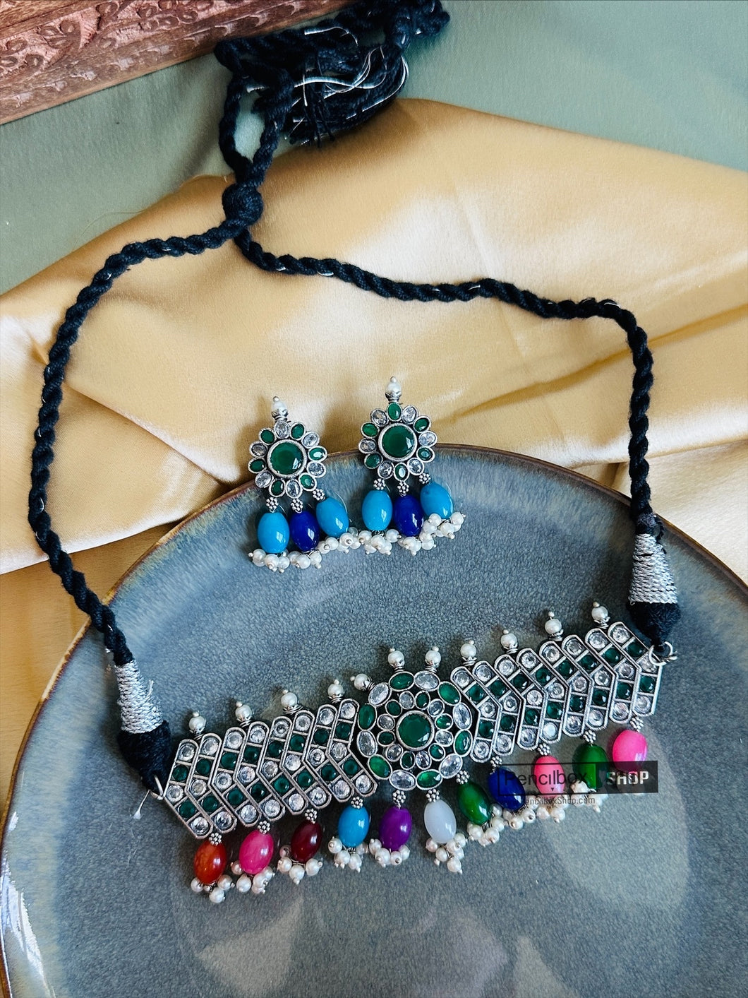 Multicolor German silver Stone Choker necklace set