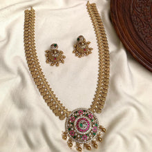 Load image into Gallery viewer, Pachi kundan Long Coin lakshmi ji Peacock Cz Long Haram necklace set
