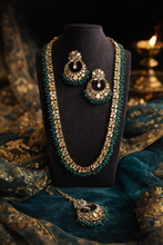 Load image into Gallery viewer, Lia Green Long Mirror Sleek Statement Necklace set with maangtikka
