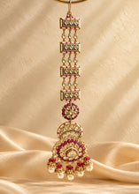 Load image into Gallery viewer, Tayani Kundan Ruby 22 Carat Gold Plated Earrings with Hair Chain
