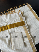 Load image into Gallery viewer, Onam Special Ivory Golden Square check Cotton Kerala saree
